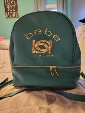 bebe Los Angeles Teal Backpack with Gold Hardware